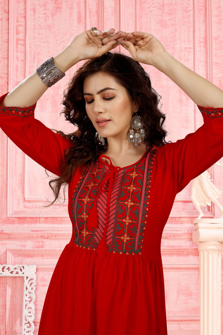 Beauty Menka New Fancy Festive Wear Heavy Rayon Long Fancy Kurti Collection